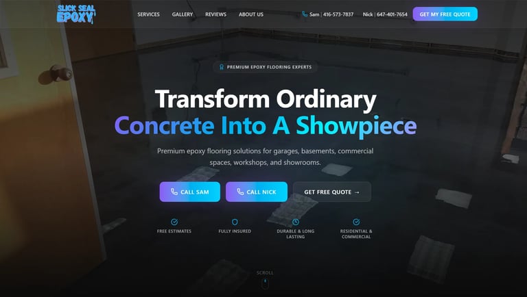 Website homepage featuring heading Transform Ordinary Concrete Into A Showpiece with call-to-action buttons and service options